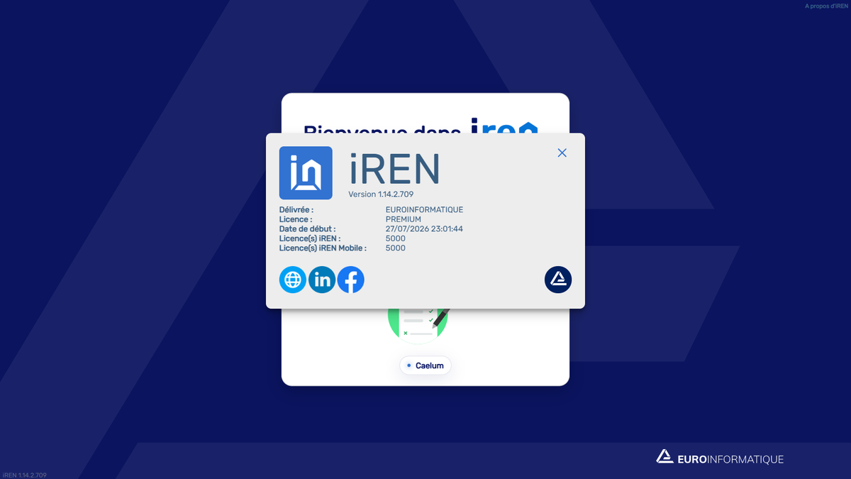 Fenêtre À propos ouverte depuis la connexion iREN