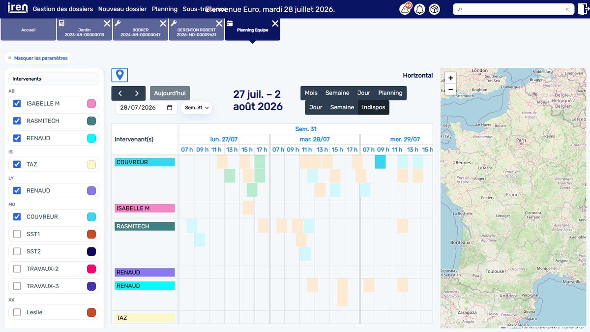 Planche des vues mois, semaine, jour, liste, ressources, indisponibilités et carte du planning