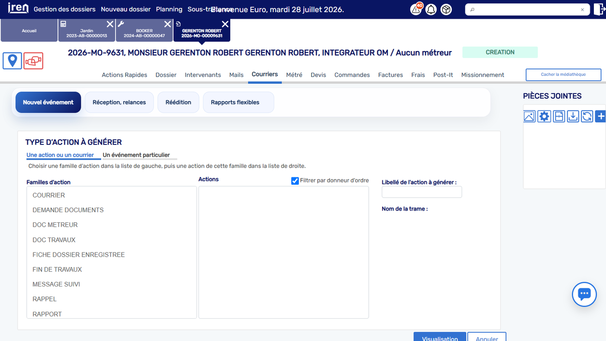 Espace Courriers d’un dossier et générateur d’actions ou de documents dans iREN