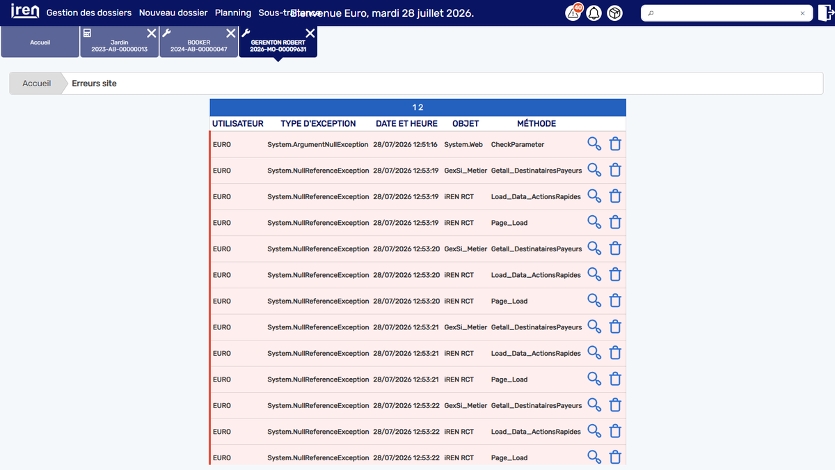Liste observée et observée d’incidents de diagnostic iREN