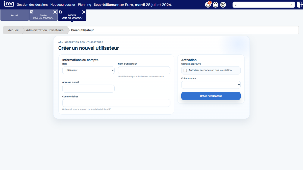 Formulaire observé de création d’un utilisateur iREN
