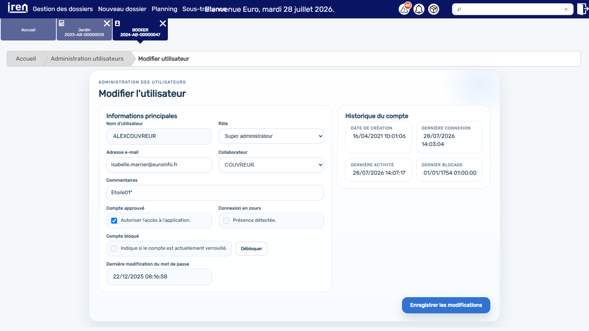 Modification observée et état d’un compte utilisateur iREN